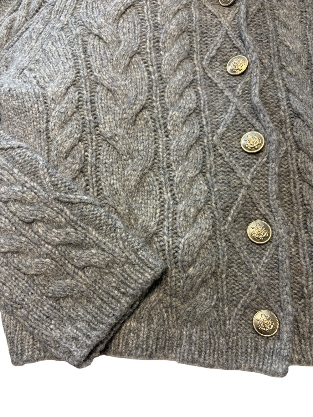 J. Crew Cable Knit Turtleneck Cardigan Size M Grey Gold Buttons Wool Alpaca - Picture 4 of 7